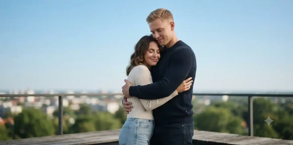 Couple embracing warmly on a balcony