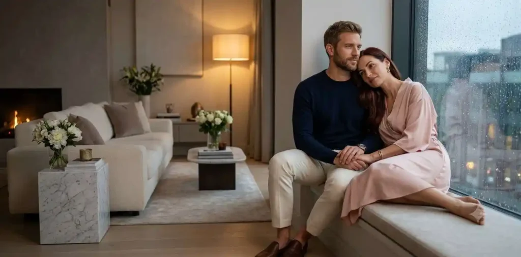 Married couple sharing quiet emotional moment at home
