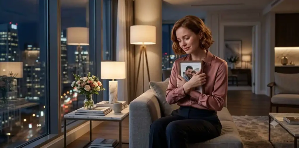 Woman missing her partner while holding his photograph