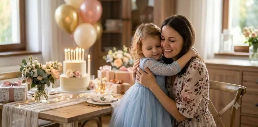 Mother hugging child during fifth birthday celebration