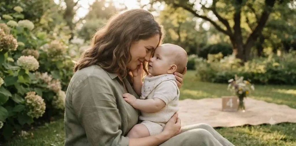 Mother cuddling baby during a milestone moment