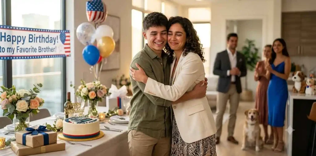 Older sister hugging brother after birthday surprise