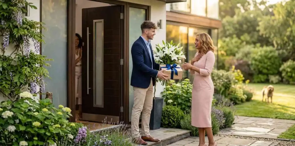 Brother surprising sister with birthday flowers