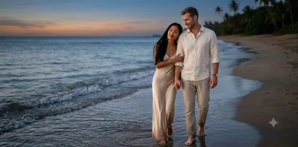 Married couple walking together on beach