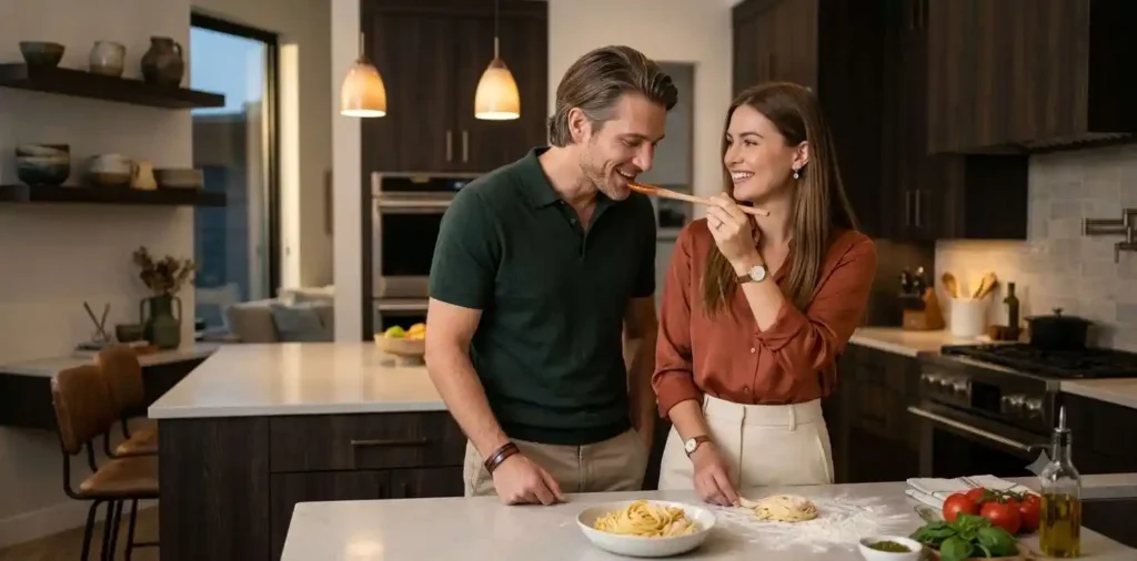 Married couple cooking together at home