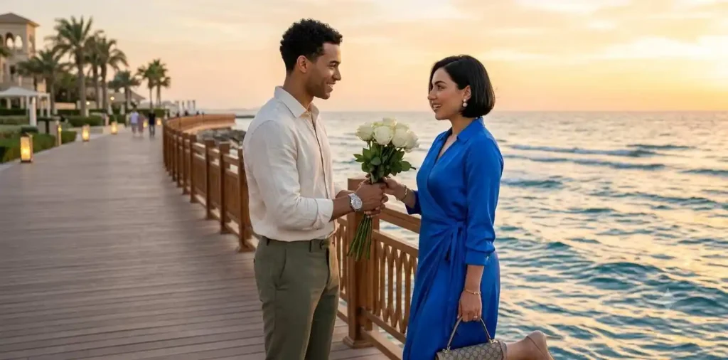 Husband surprising wife with flowers outdoors
