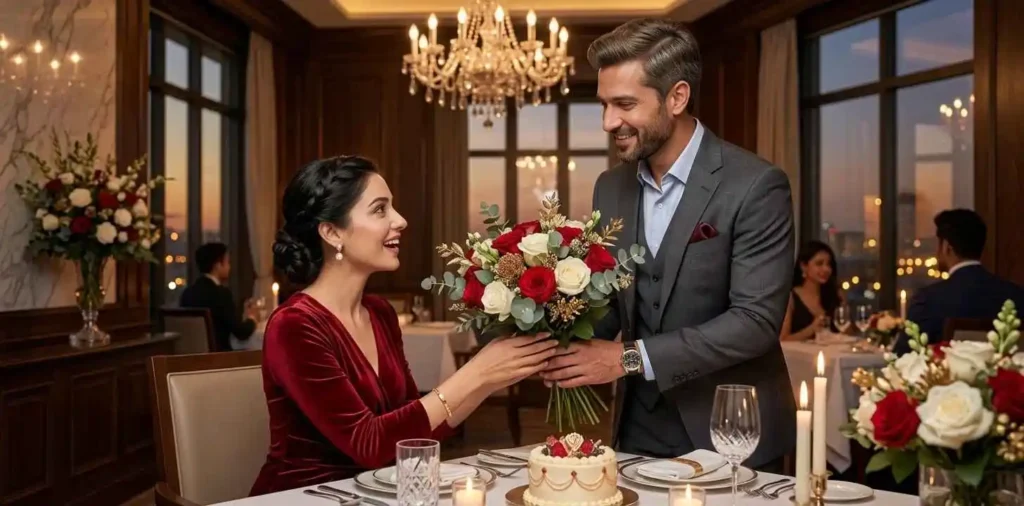 Husband surprising wife with anniversary flowers