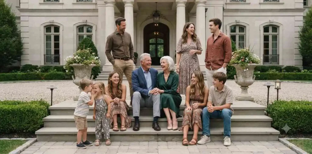 Large family sharing laughter around outdoor dinner table