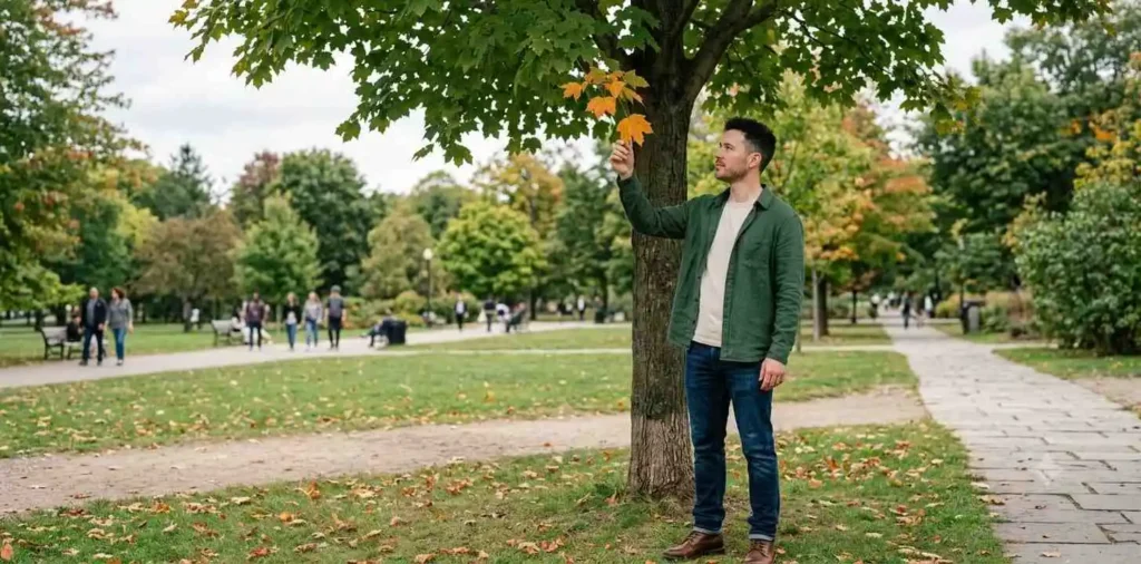 Man admiring changing autumn leaves in a park
