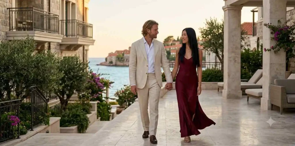 Couple walking hand in hand by the coast