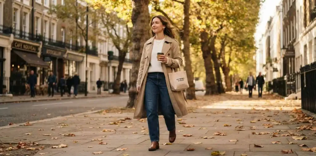 Woman walking through a leafy September street