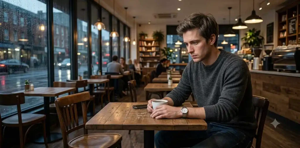 Lonely man sitting alone beside a rainy window