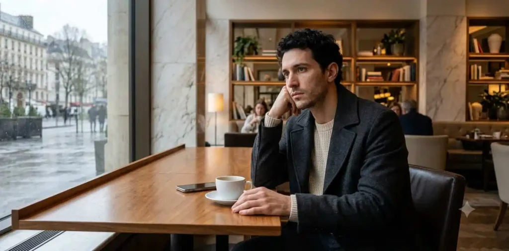 Man sitting alone in quiet cafΓ©