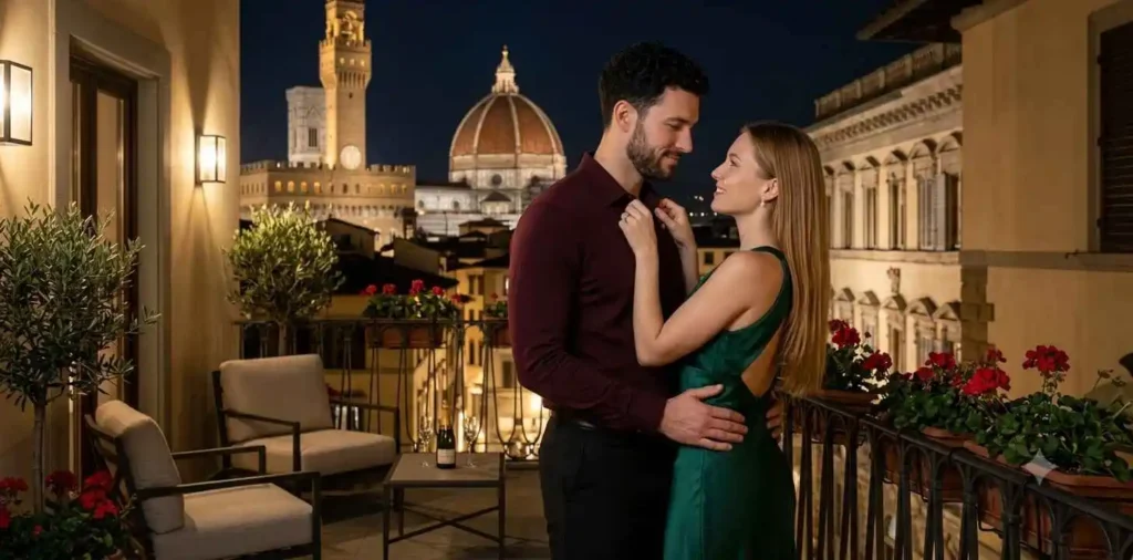 Newlywed couple sharing a romantic balcony moment
