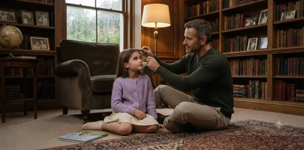 Father comforting daughter in elegant reading room