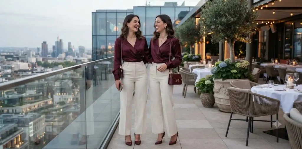 Identical twin sisters wearing exactly matching outfits