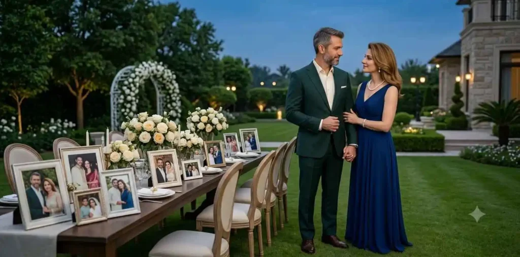 Long-married couple celebrating anniversary memories together