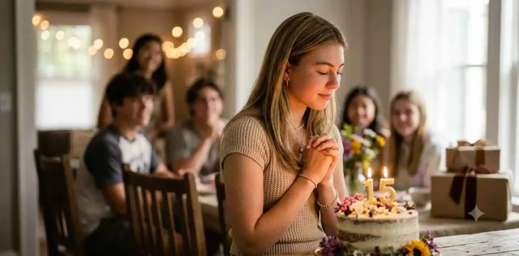 Teenager making a birthday wish indoors
