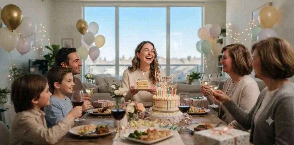 Woman celebrating milestone birthday with cake