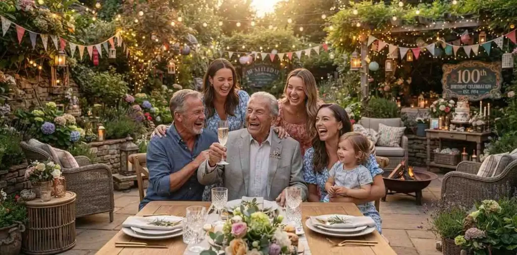 Family celebrating grandmother's milestone birthday outdoors