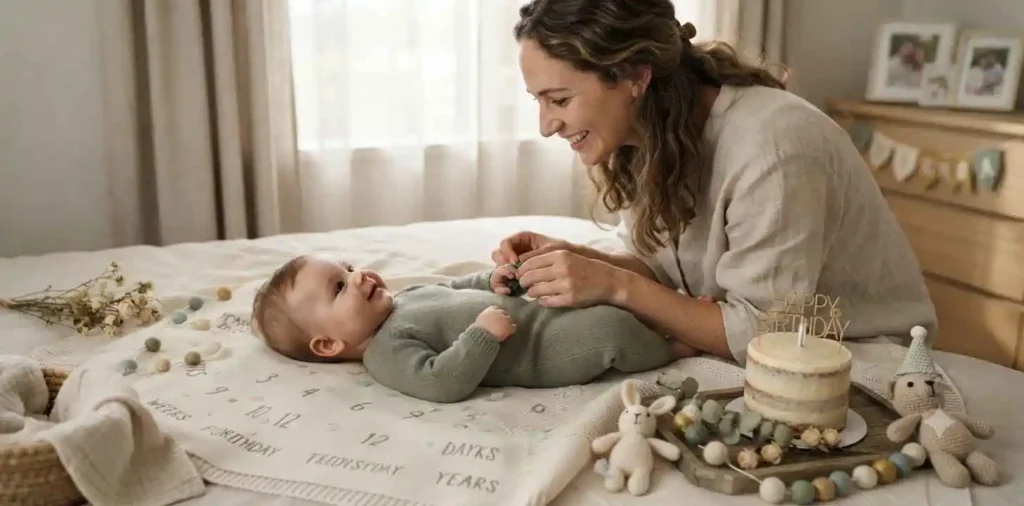 Baby resting on blanket during milestone celebration