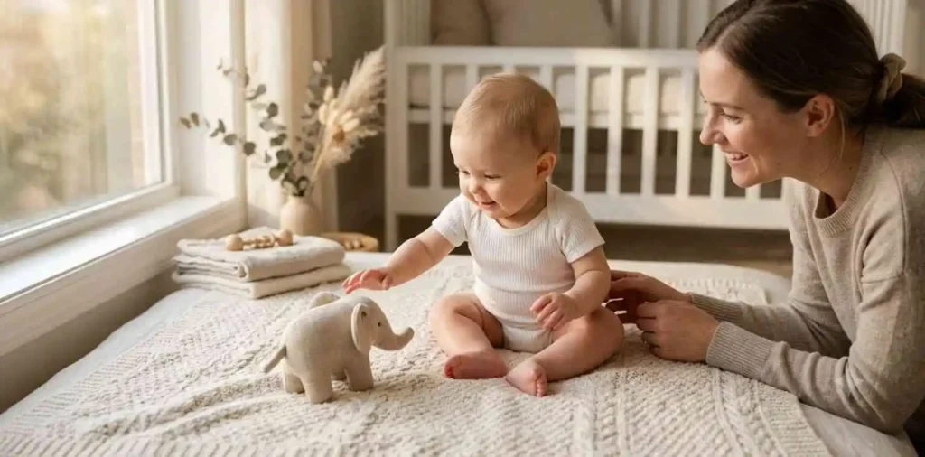 Baby enjoying a natural milestone photoshoot