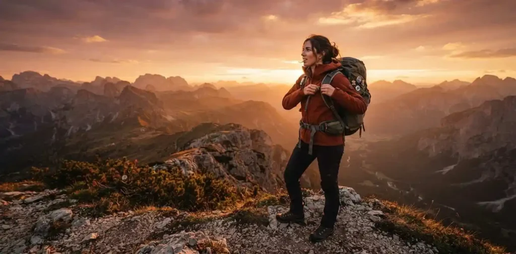 Traveler watching sunset over distant mountain peaks