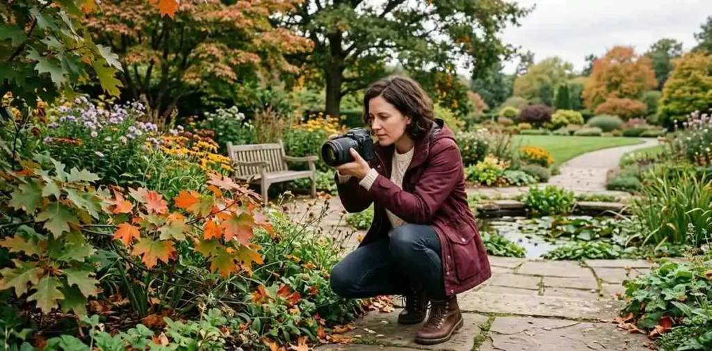 Woman photographing September foliage in botanical garden