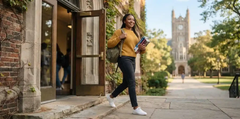 Student entering campus with books and a backpack