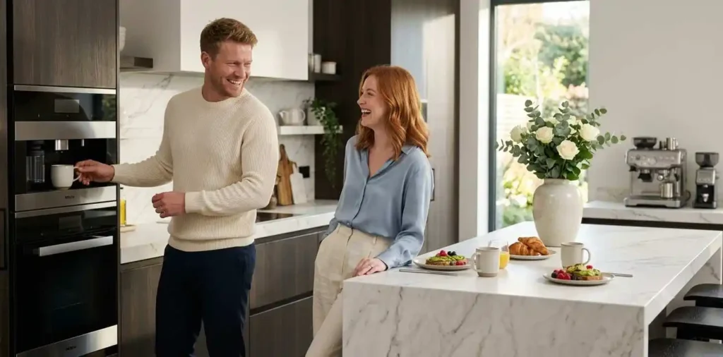 Newlyweds sharing a happy kitchen moment