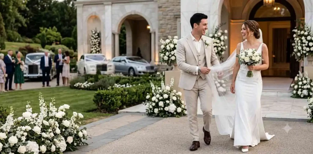 Newlywed couple celebrating outside elegant wedding venue