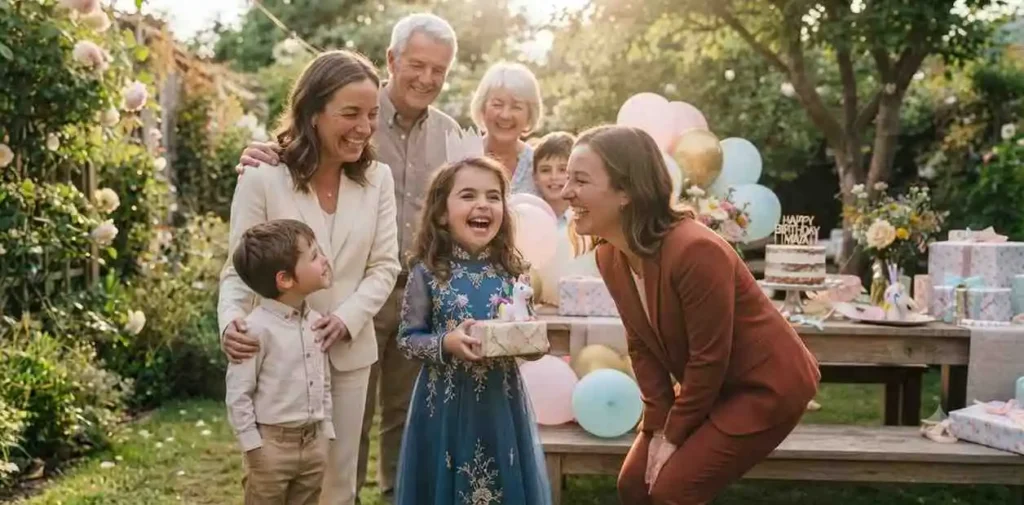 Aunt hugging niece during birthday celebration