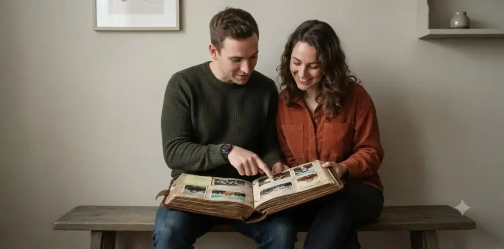 Friends looking at old photos together