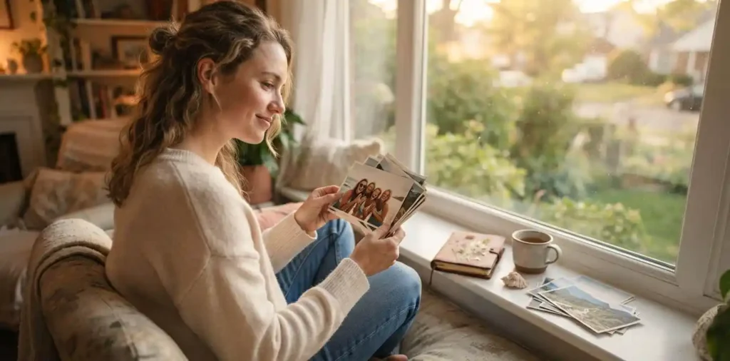 Woman looking through summer photographs by a window
