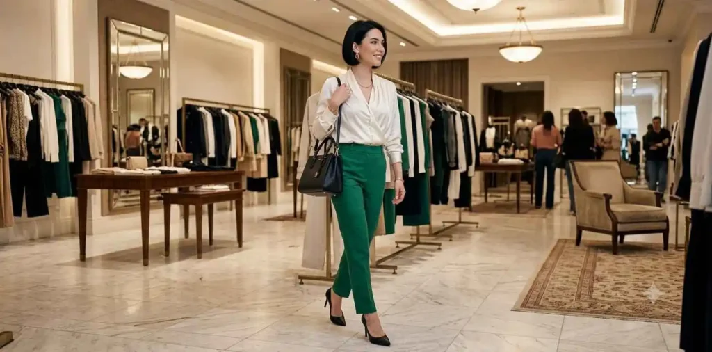 Stylish woman showcasing elegant luxury outfit