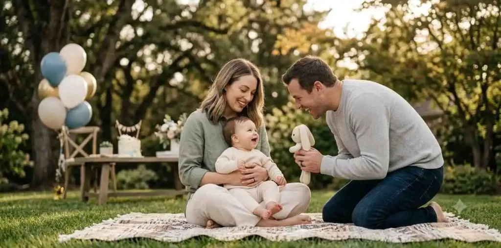 Parents cuddling their baby during celebration