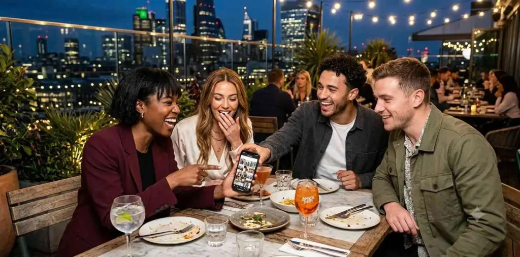 Friends laughing over their favorite monthly photos