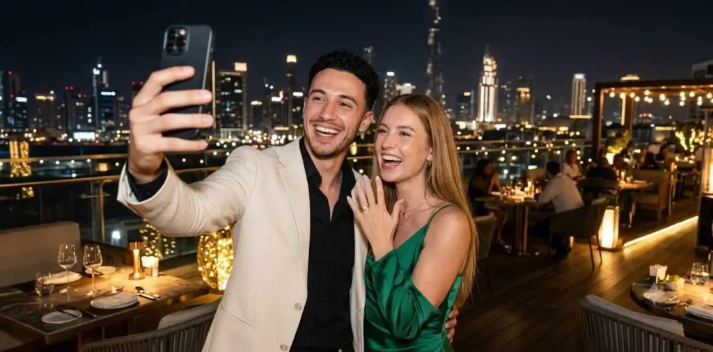 Engaged couple taking happy proposal selfie