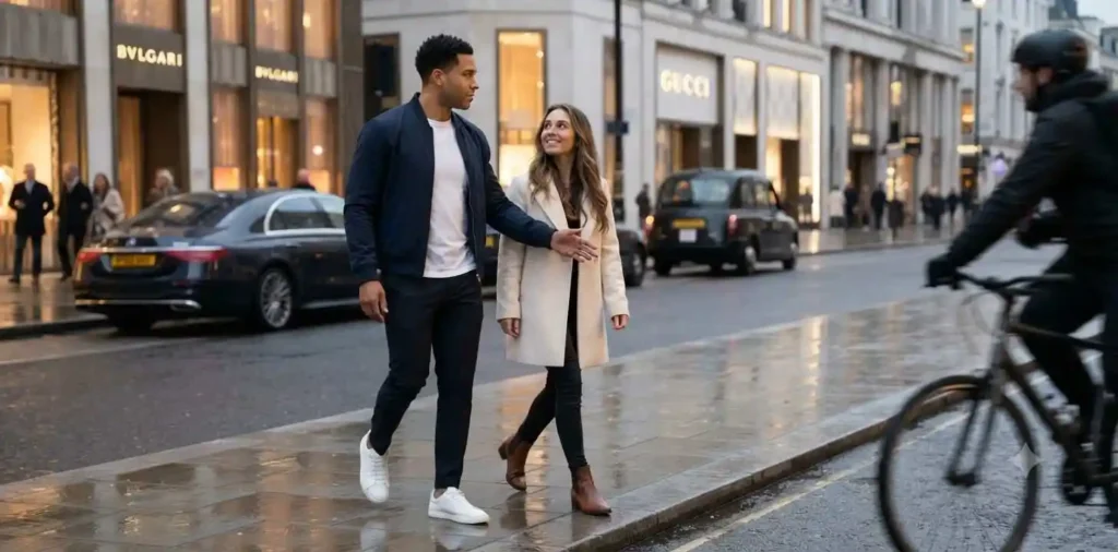 Brother protecting sister while walking through city