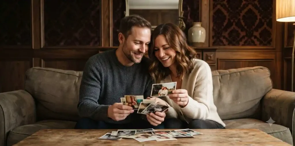 Couple looking at old photos together, smiling