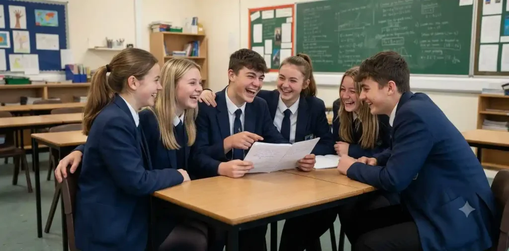 School friends laughing together in classroom
