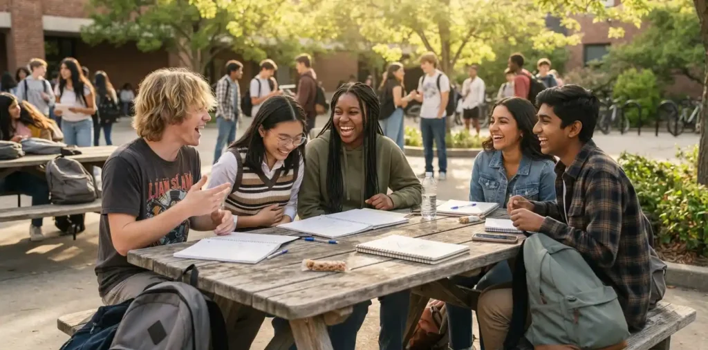 Friends laughing together during school break