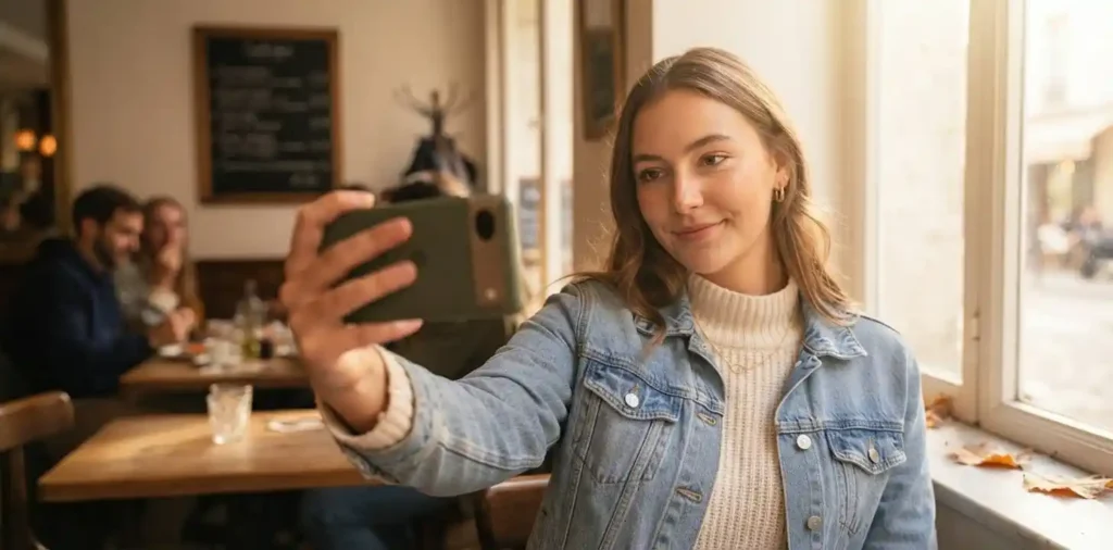 Woman taking a September outdoor selfie
