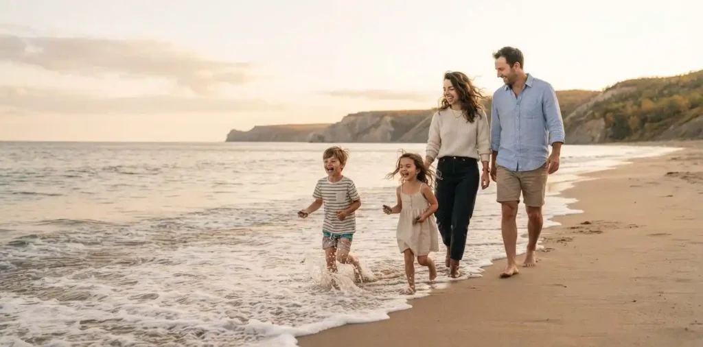 Family enjoying a September trip together