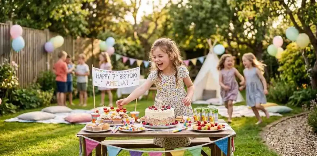 Seven year old celebrating birthday with friends