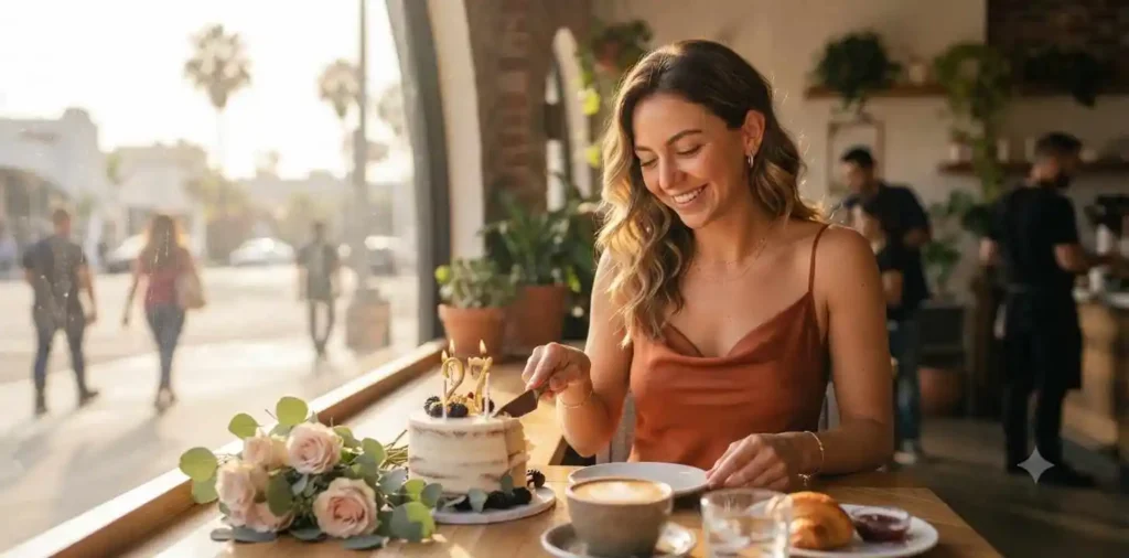 Woman enjoying a peaceful solo birthday celebration