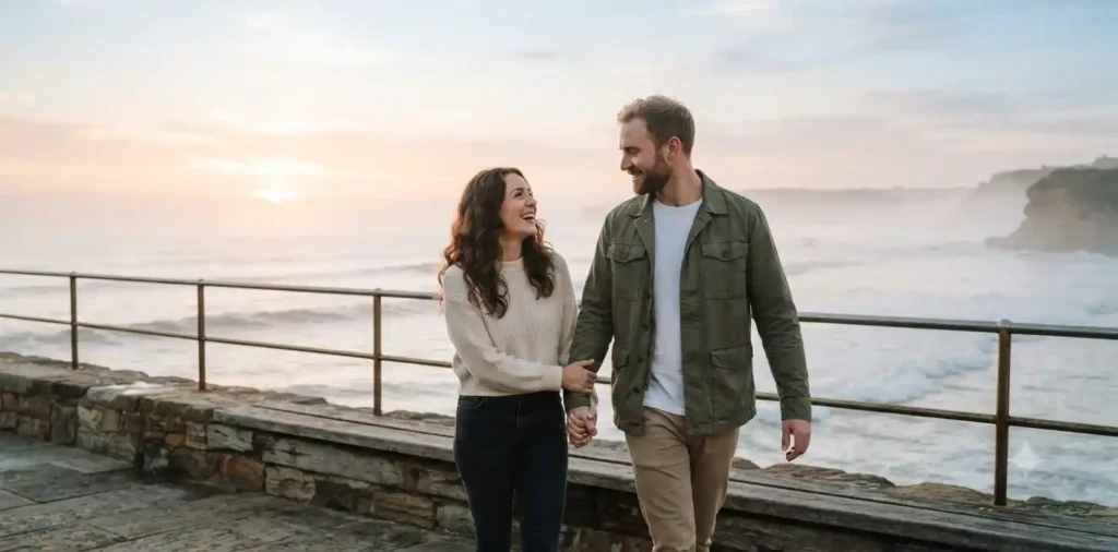 Couple walking hand in hand through city streets