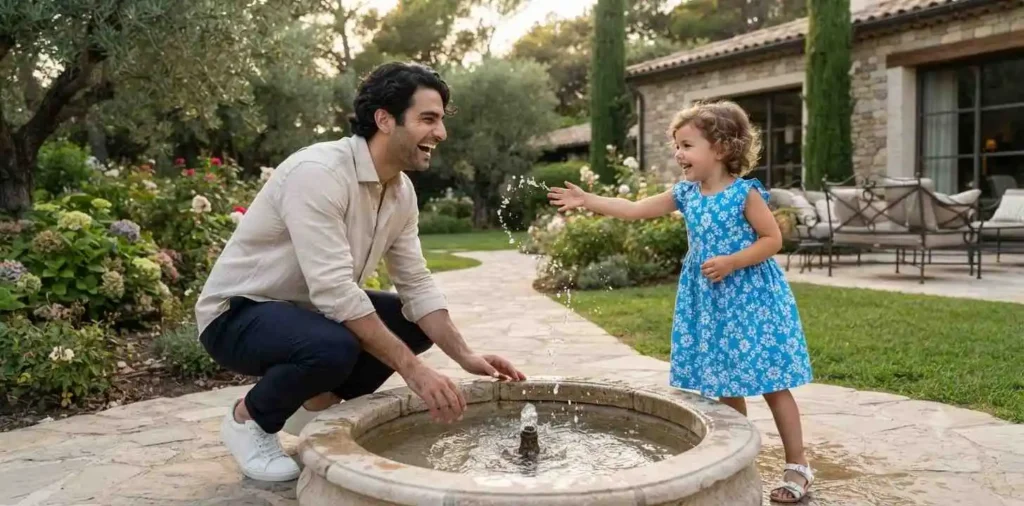Father and daughter laughing beside luxury garden