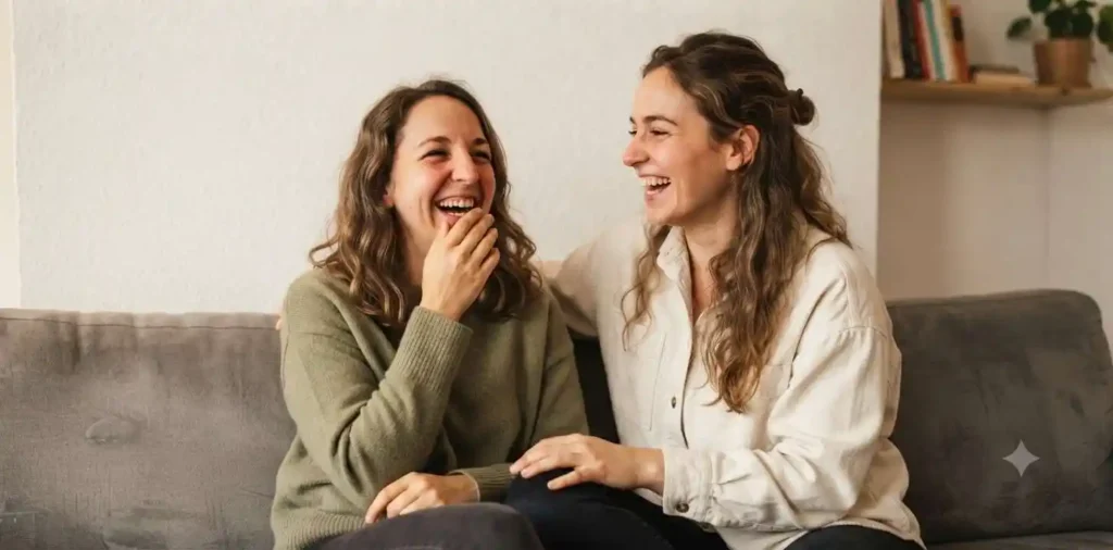 Two friends laughing together in a simple room
