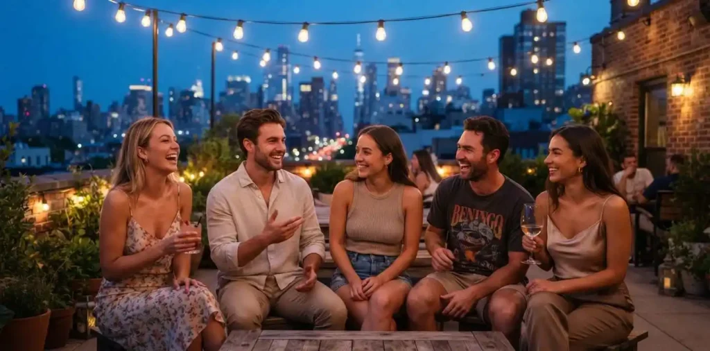 Friends talking around glowing lights on a rooftop